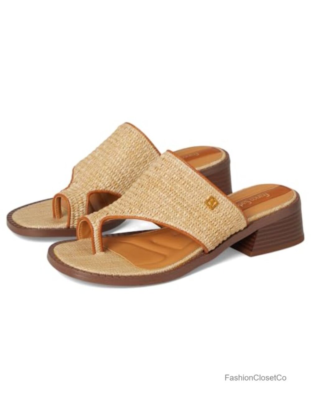 Raffia Slide Sandals with Toe Loop and 1" Block Heel